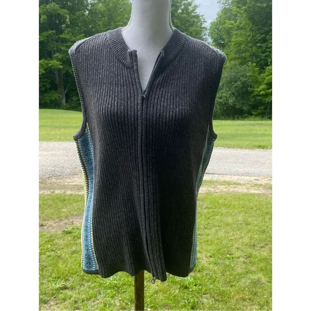 Woolrich Womens Gray Pattern Sides Full Zip Ribbed Vest Large